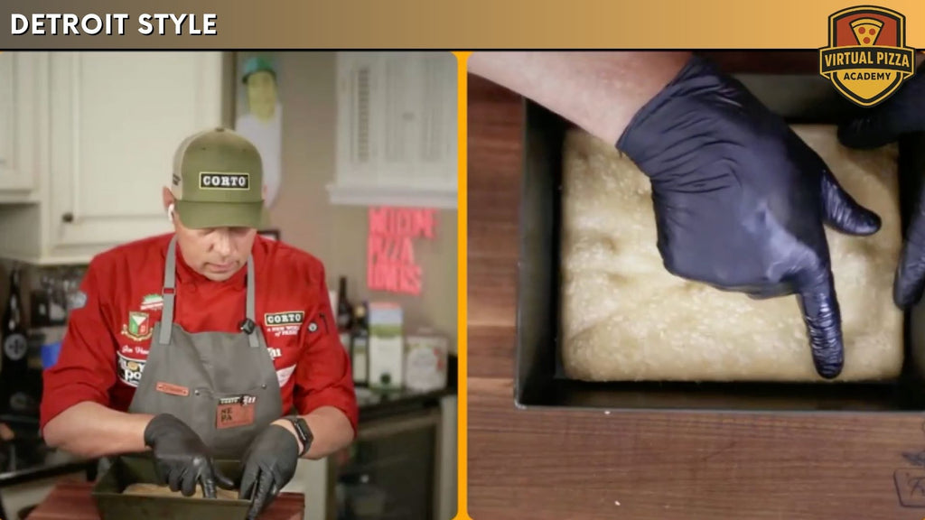 Detroit style pizza dough stretching technique