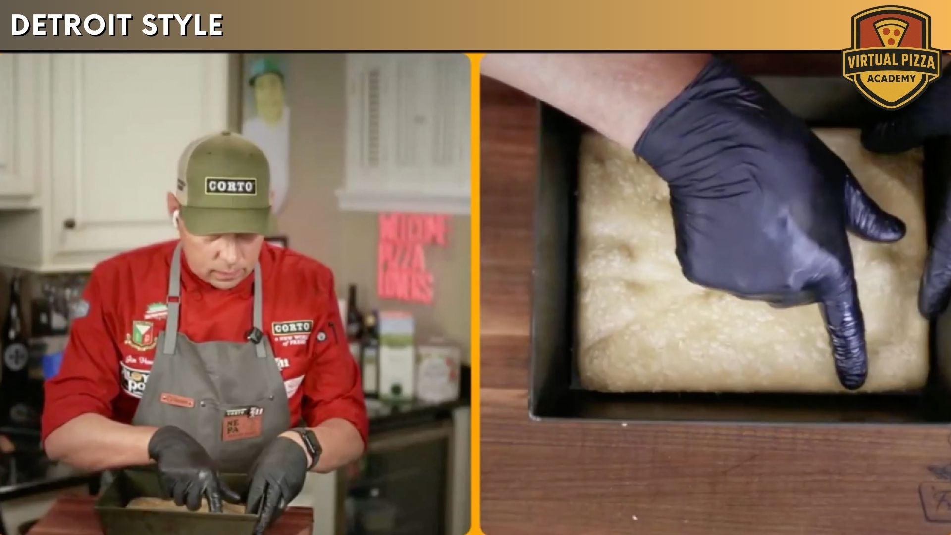 Detroit style pizza dough stretching technique